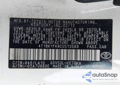 2012 Toyota Camry Xle V6 из США, поврежденный, VIN 4T1BK1FK8CU513569